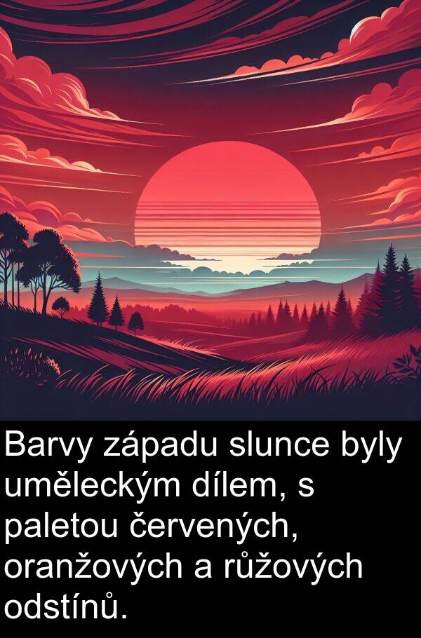 uměleckým: Barvy západu slunce byly uměleckým dílem, s paletou červených, oranžových a růžových odstínů.