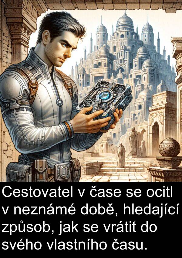 času: Cestovatel v čase se ocitl v neznámé době, hledající způsob, jak se vrátit do svého vlastního času.