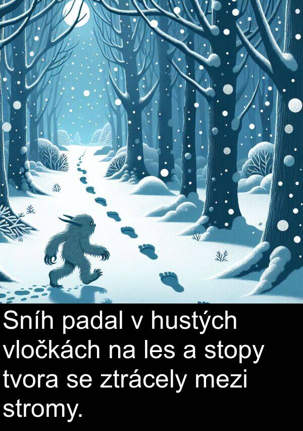 les: Sníh padal v hustých vločkách na les a stopy tvora se ztrácely mezi stromy.