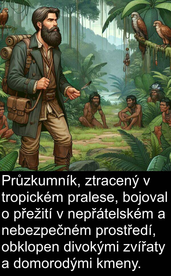 tropickém: Průzkumník, ztracený v tropickém pralese, bojoval o přežití v nepřátelském a nebezpečném prostředí, obklopen divokými zvířaty a domorodými kmeny.