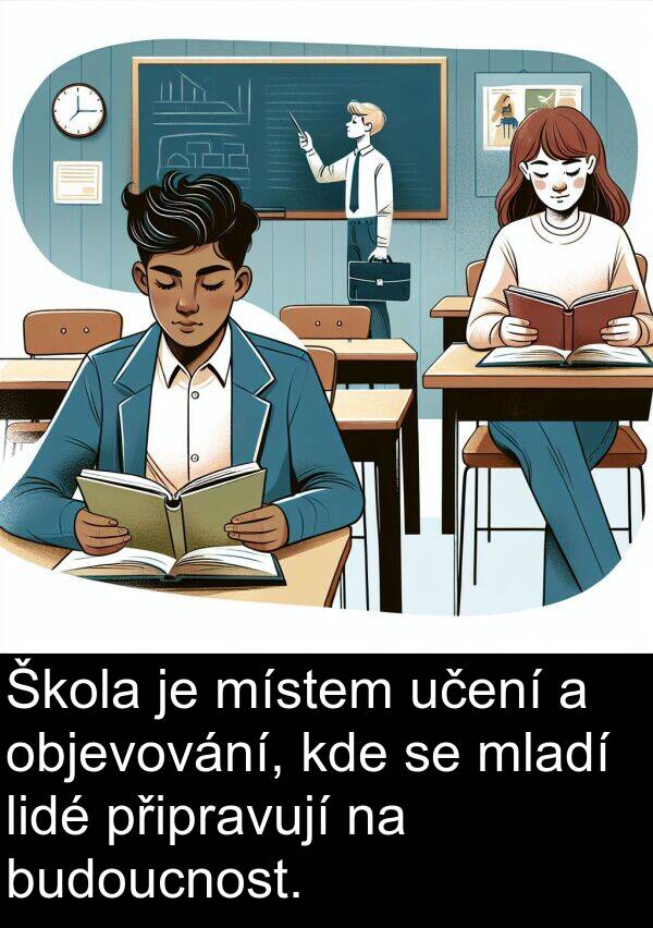 lidé: Škola je místem učení a objevování, kde se mladí lidé připravují na budoucnost.