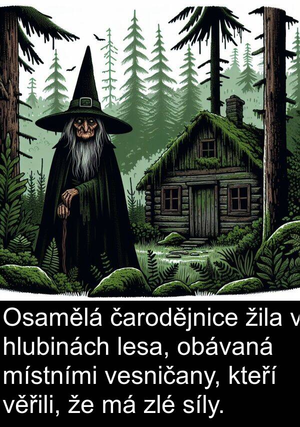 lesa: Osamělá čarodějnice žila v hlubinách lesa, obávaná místními vesničany, kteří věřili, že má zlé síly.