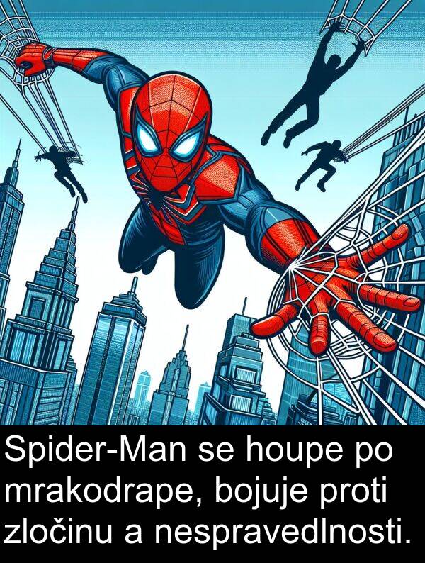 proti: Spider-Man se houpe po mrakodrape, bojuje proti zločinu a nespravedlnosti.