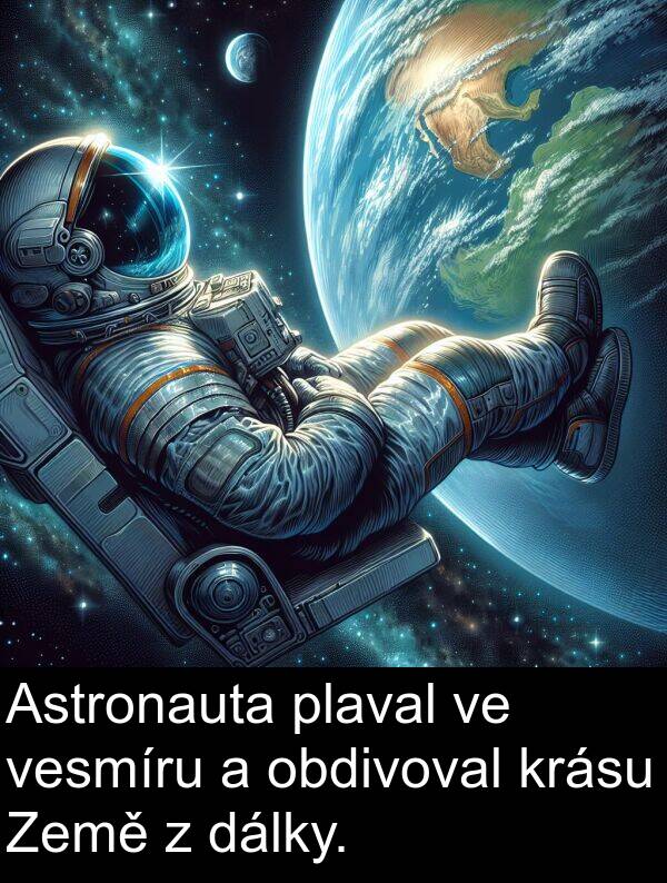 dálky: Astronauta plaval ve vesmíru a obdivoval krásu Země z dálky.