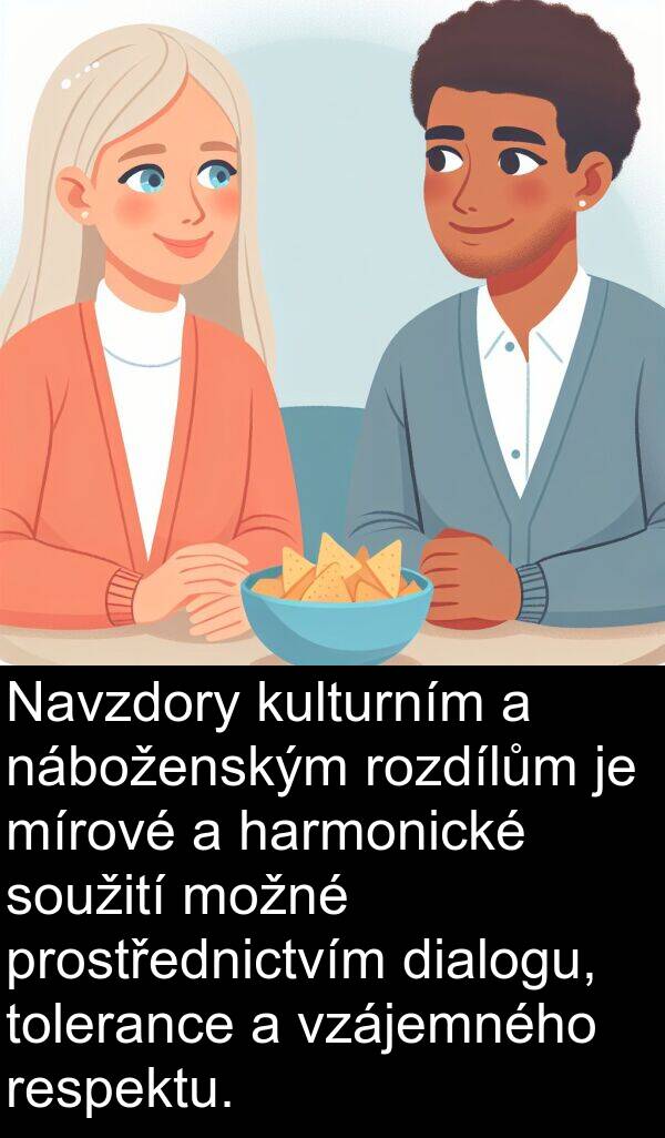 náboženským: Navzdory kulturním a náboženským rozdílům je mírové a harmonické soužití možné prostřednictvím dialogu, tolerance a vzájemného respektu.