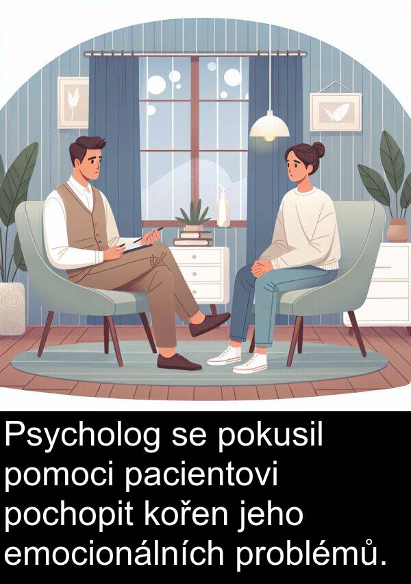 pacientovi: Psycholog se pokusil pomoci pacientovi pochopit kořen jeho emocionálních problémů.