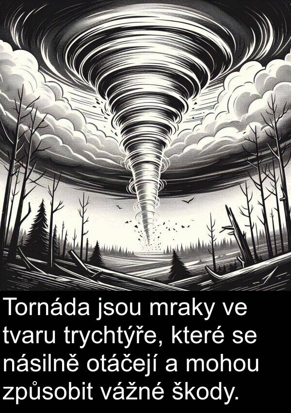 škody: Tornáda jsou mraky ve tvaru trychtýře, které se násilně otáčejí a mohou způsobit vážné škody.