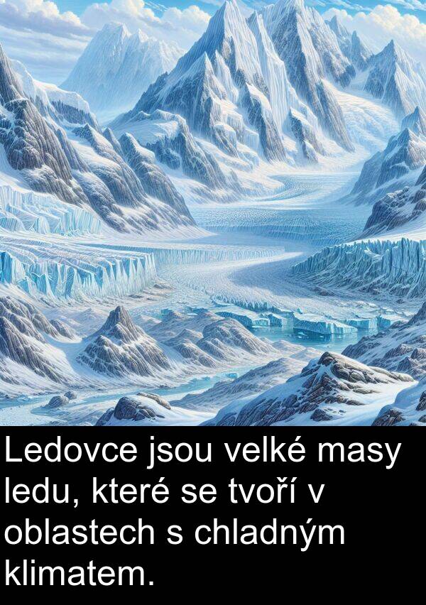 masy: Ledovce jsou velké masy ledu, které se tvoří v oblastech s chladným klimatem.