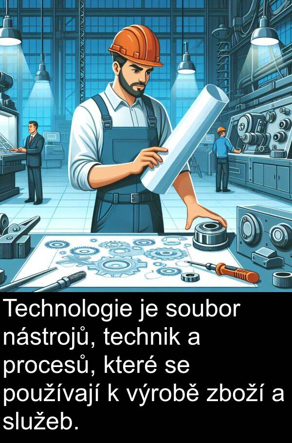 technik: Technologie je soubor nástrojů, technik a procesů, které se používají k výrobě zboží a služeb.