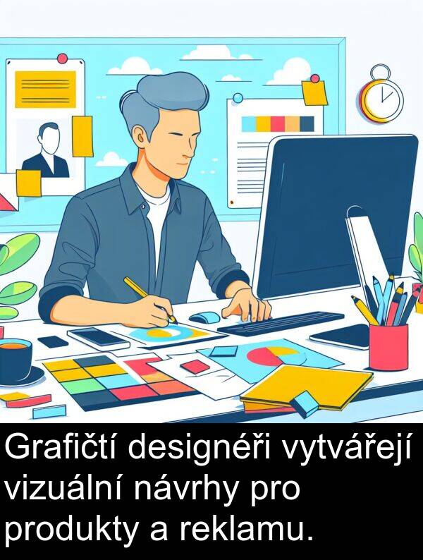 produkty: Grafičtí designéři vytvářejí vizuální návrhy pro produkty a reklamu.