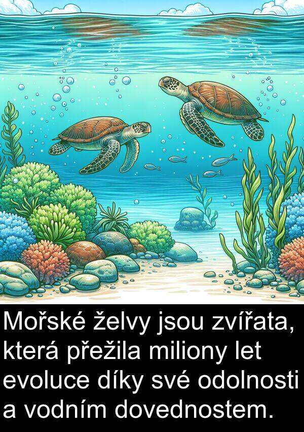 let: Mořské želvy jsou zvířata, která přežila miliony let evoluce díky své odolnosti a vodním dovednostem.