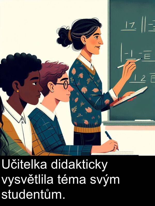 téma: Učitelka didakticky vysvětlila téma svým studentům.