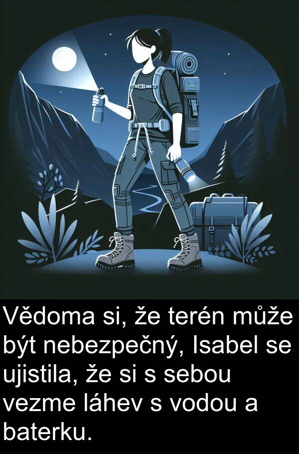 láhev: Vědoma si, že terén může být nebezpečný, Isabel se ujistila, že si s sebou vezme láhev s vodou a baterku.