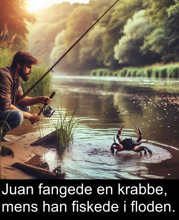 fangede: Juan fangede en krabbe, mens han fiskede i floden.