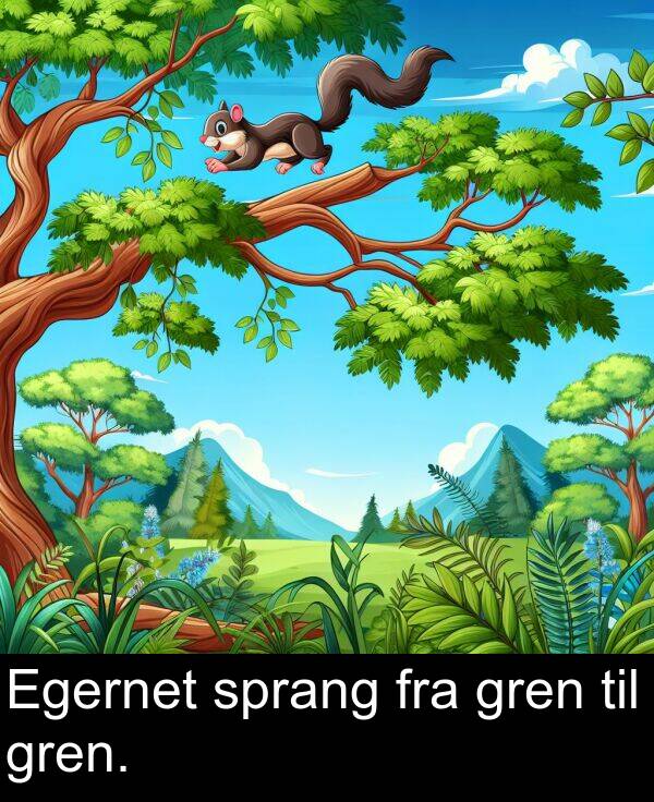 fra: Egernet sprang fra gren til gren.