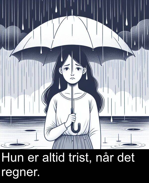 det: Hun er altid trist, når det regner.