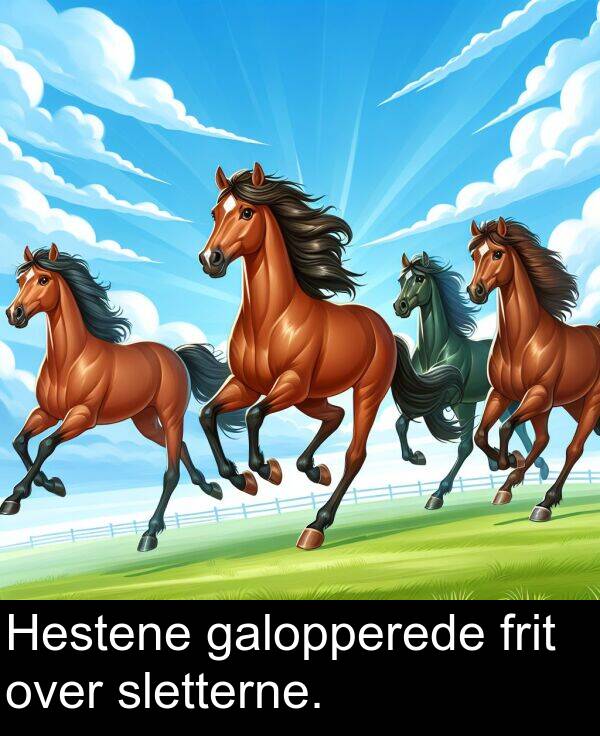 galopperede: Hestene galopperede frit over sletterne.