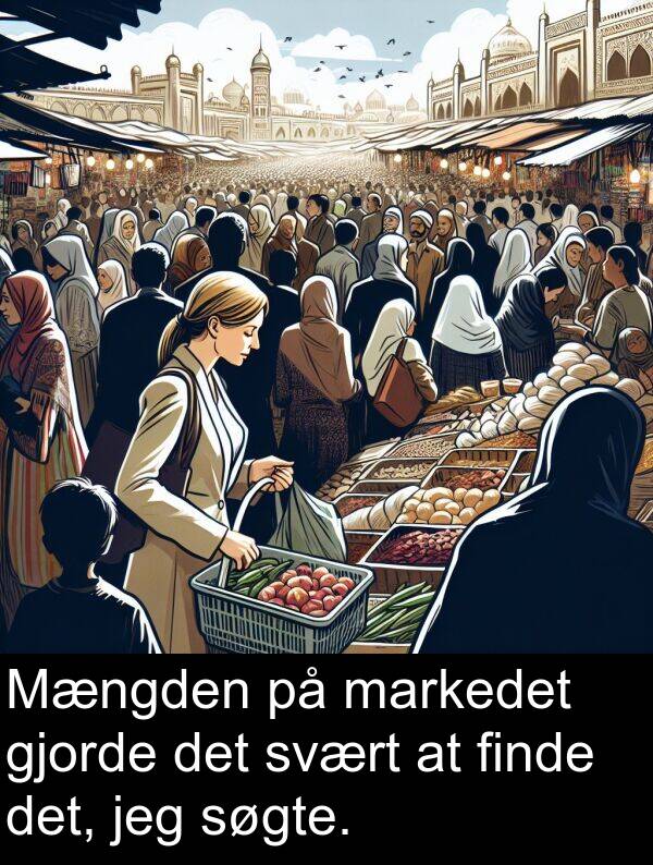 markedet: Mængden på markedet gjorde det svært at finde det, jeg søgte.