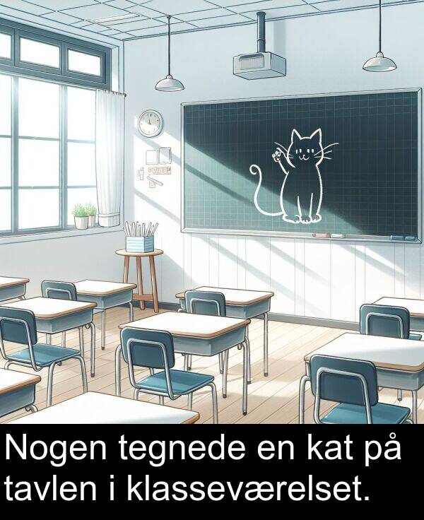 klasseværelset: Nogen tegnede en kat på tavlen i klasseværelset.