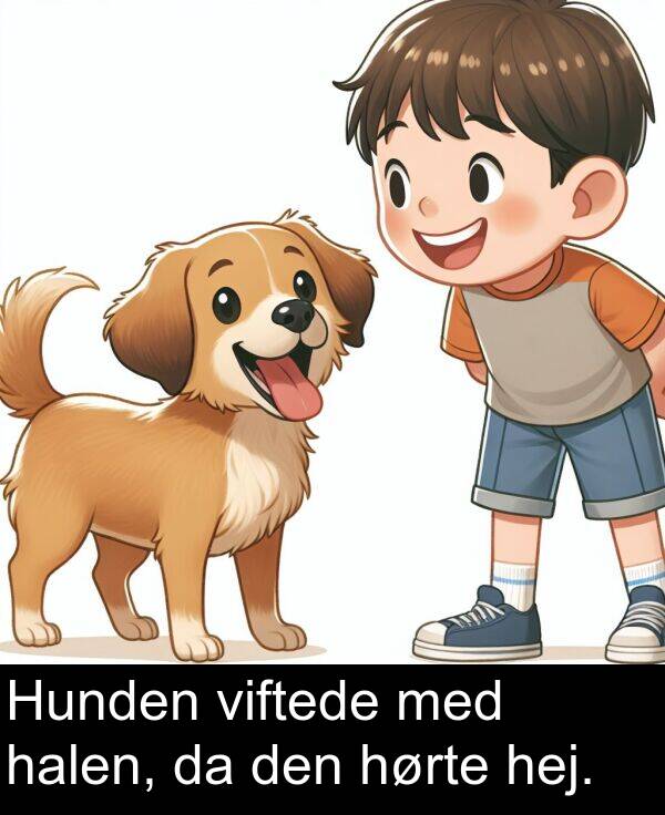 halen: Hunden viftede med halen, da den hørte hej.