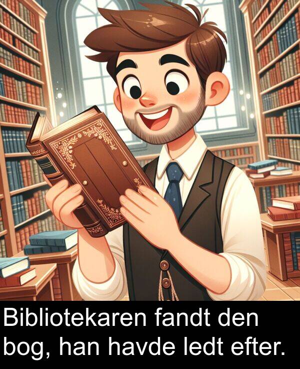 fandt: Bibliotekaren fandt den bog, han havde ledt efter.