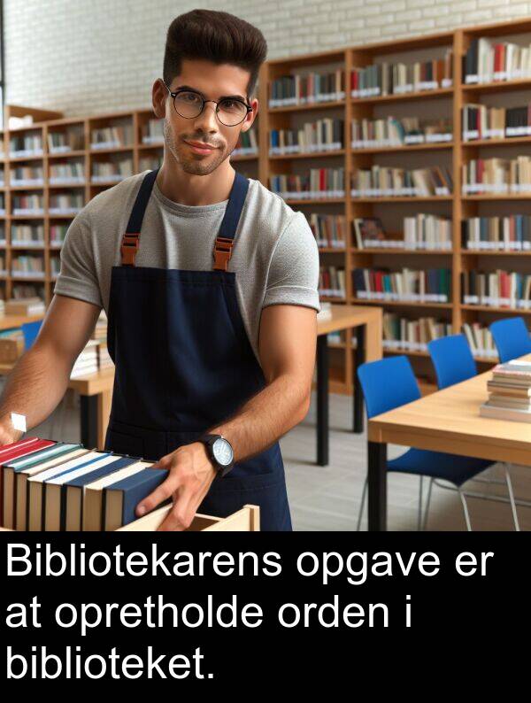 opgave: Bibliotekarens opgave er at opretholde orden i biblioteket.