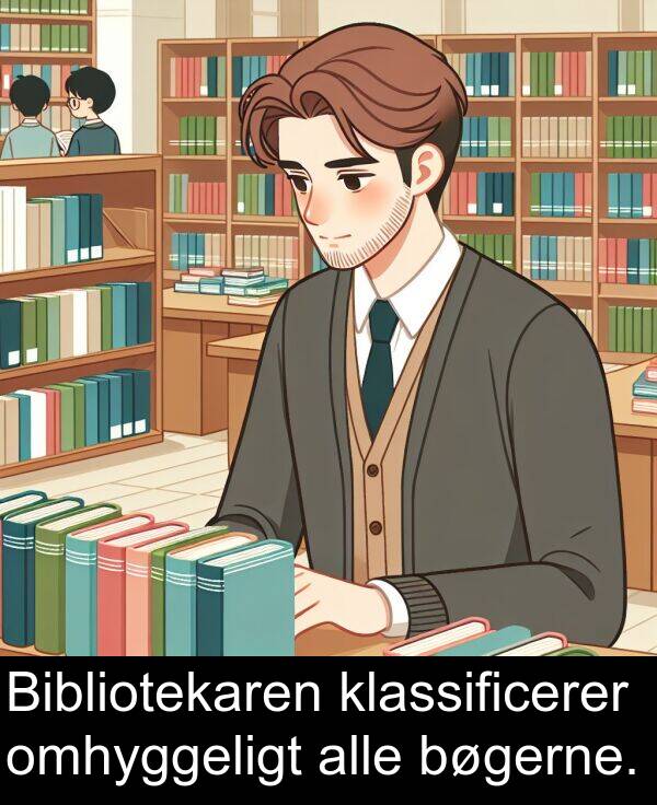 omhyggeligt: Bibliotekaren klassificerer omhyggeligt alle bøgerne.