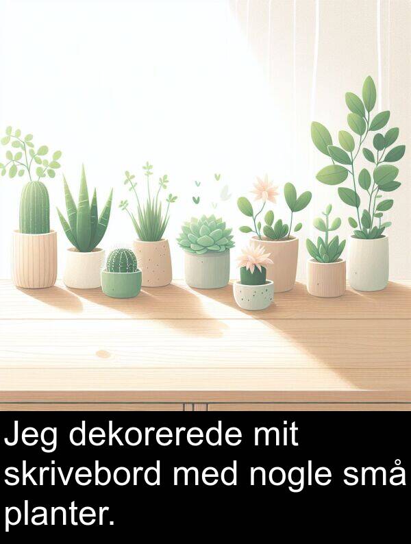 dekorerede: Jeg dekorerede mit skrivebord med nogle små planter.