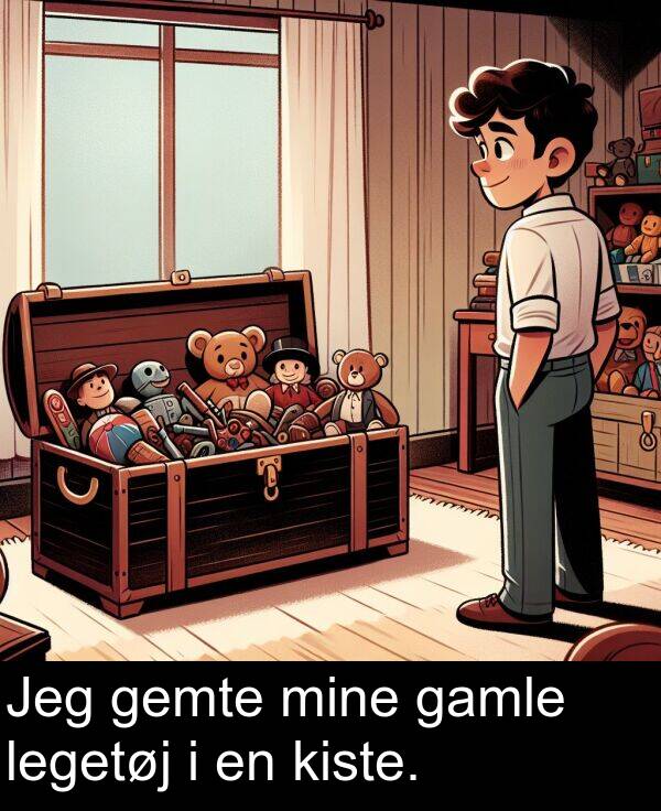 gemte: Jeg gemte mine gamle legetøj i en kiste.