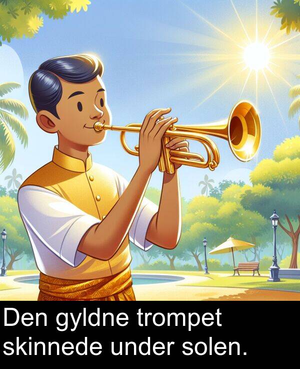 skinnede: Den gyldne trompet skinnede under solen.