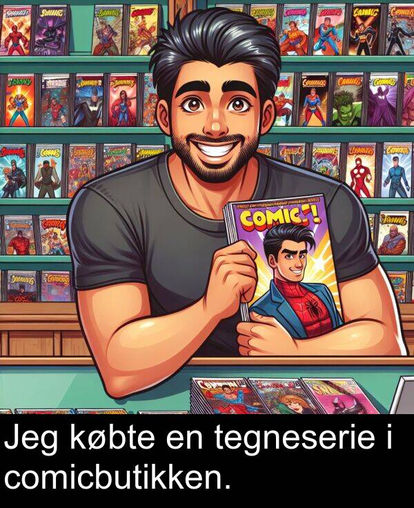 købte: Jeg købte en tegneserie i comicbutikken.