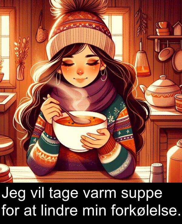 varm: Jeg vil tage varm suppe for at lindre min forkølelse.