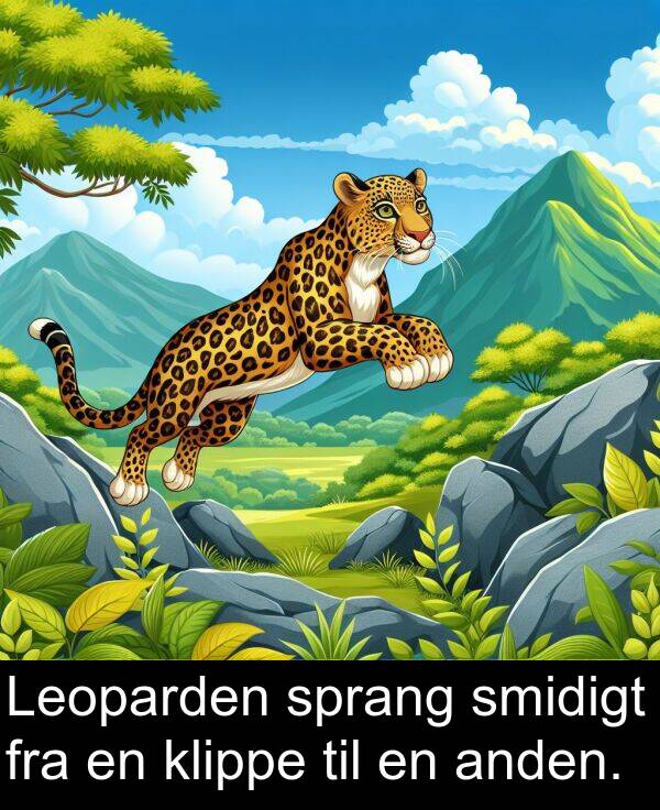 fra: Leoparden sprang smidigt fra en klippe til en anden.