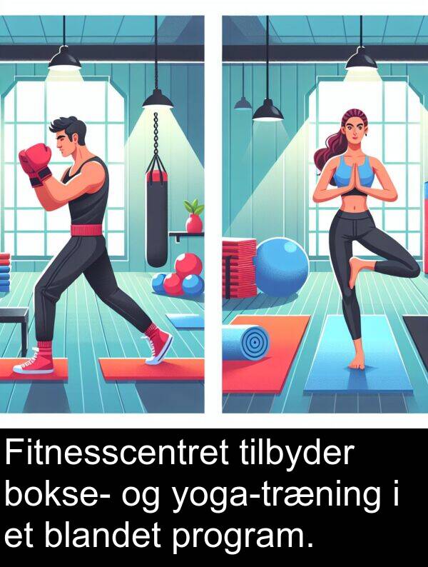 blandet: Fitnesscentret tilbyder bokse- og yoga-træning i et blandet program.