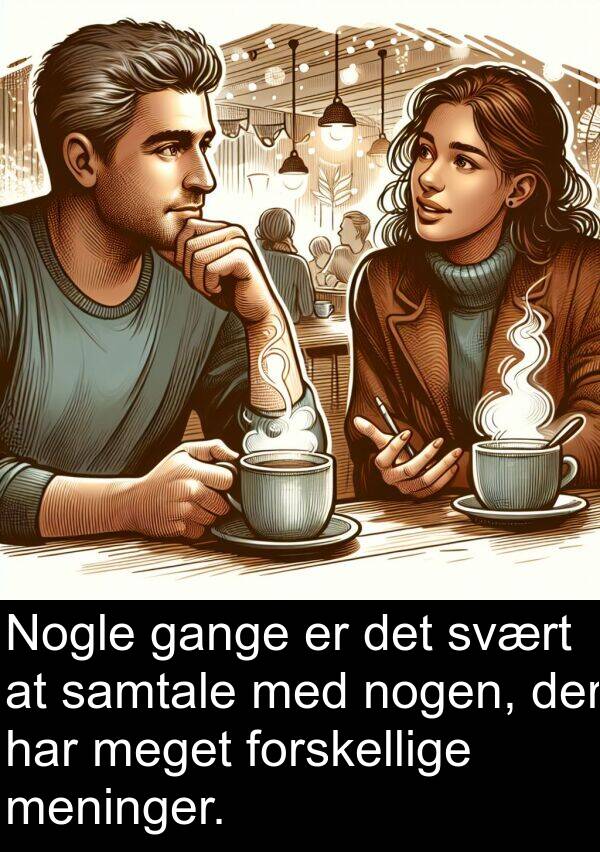 nogen: Nogle gange er det svært at samtale med nogen, der har meget forskellige meninger.