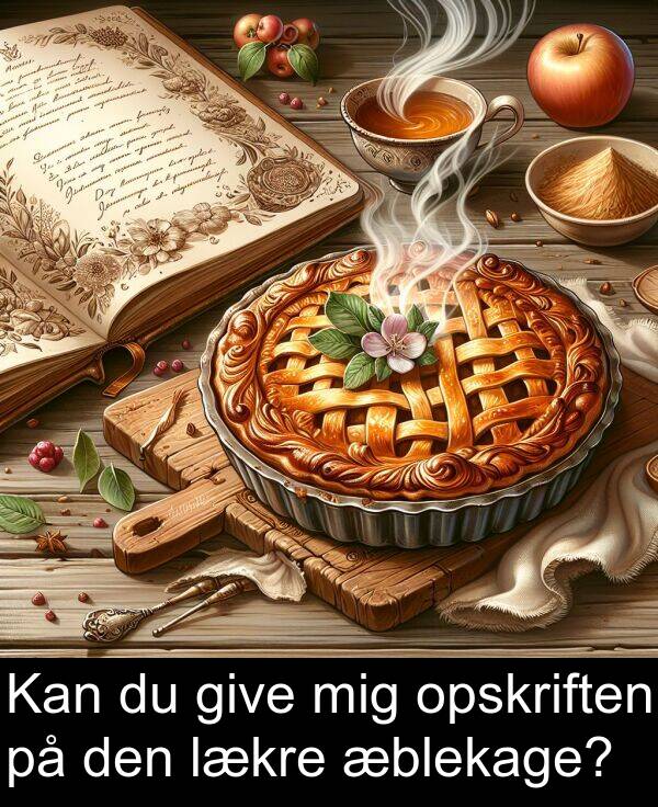 give: Kan du give mig opskriften på den lækre æblekage?