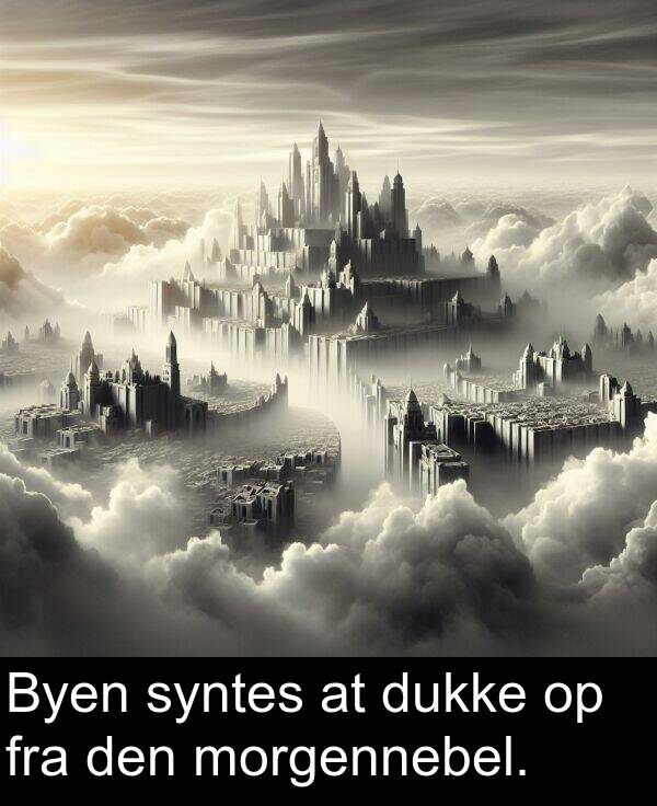 fra: Byen syntes at dukke op fra den morgennebel.