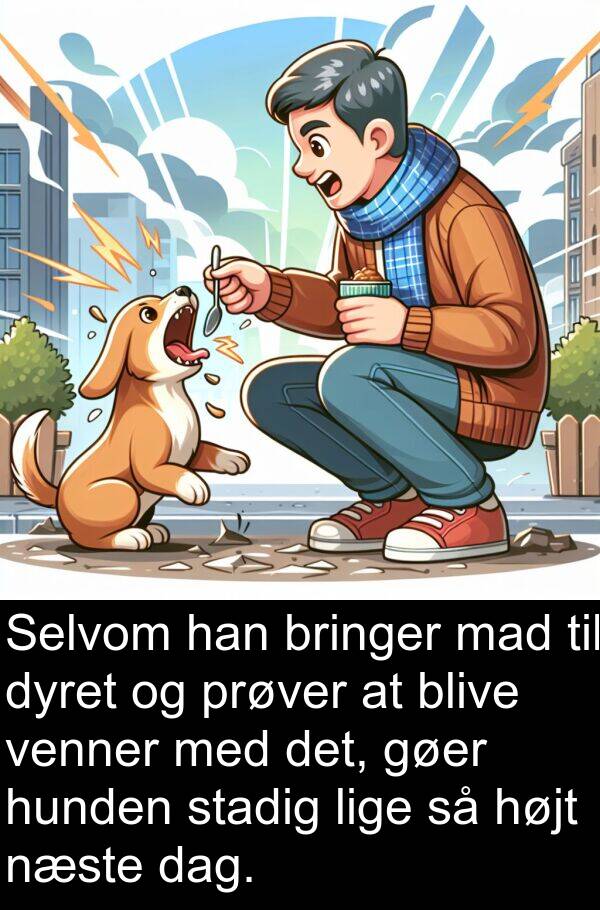 venner: Selvom han bringer mad til dyret og prøver at blive venner med det, gøer hunden stadig lige så højt næste dag.