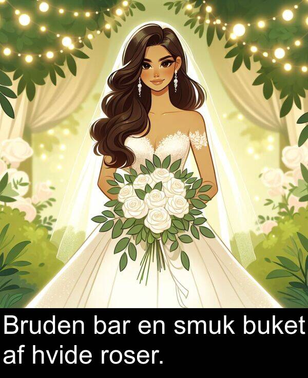 buket: Bruden bar en smuk buket af hvide roser.