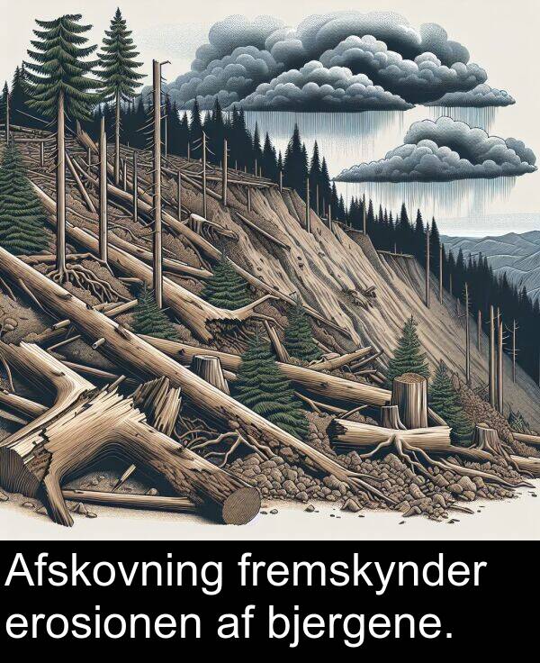 fremskynder: Afskovning fremskynder erosionen af bjergene.