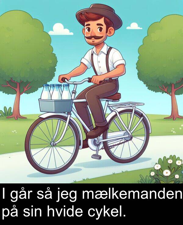 cykel: I går så jeg mælkemanden på sin hvide cykel.