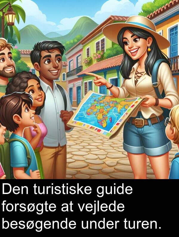 vejlede: Den turistiske guide forsøgte at vejlede besøgende under turen.