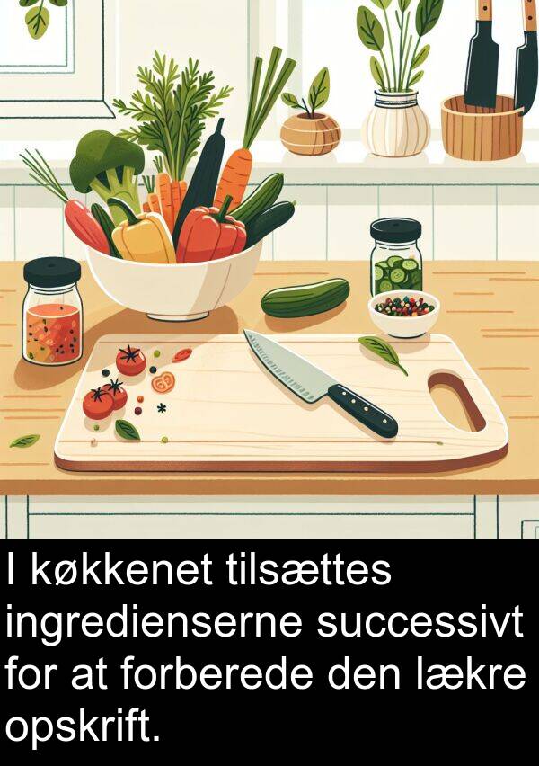 opskrift: I køkkenet tilsættes ingredienserne successivt for at forberede den lækre opskrift.