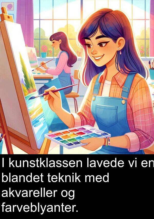 teknik: I kunstklassen lavede vi en blandet teknik med akvareller og farveblyanter.