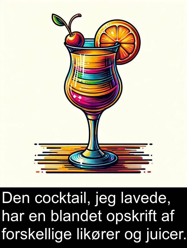 cocktail: Den cocktail, jeg lavede, har en blandet opskrift af forskellige likører og juicer.