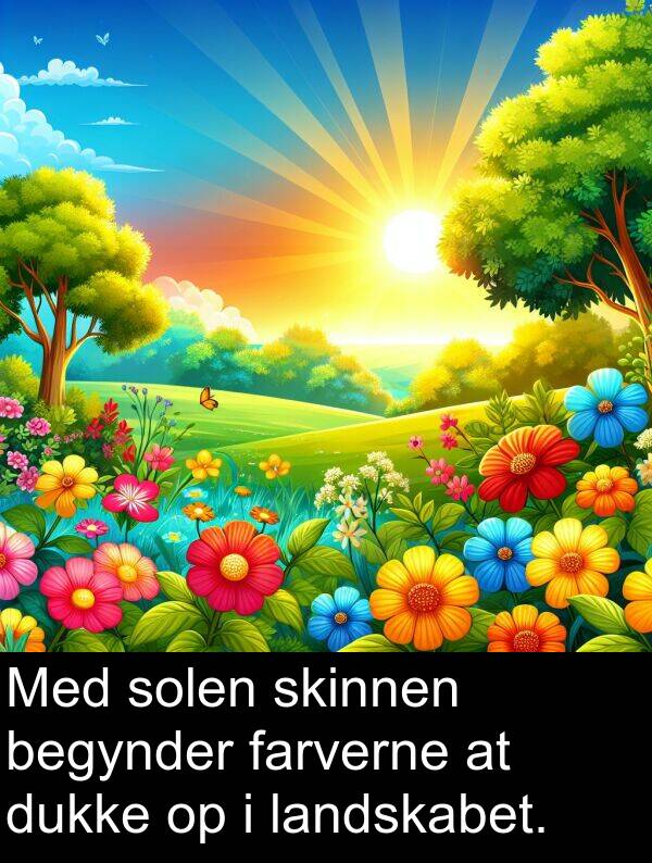 landskabet: Med solen skinnen begynder farverne at dukke op i landskabet.