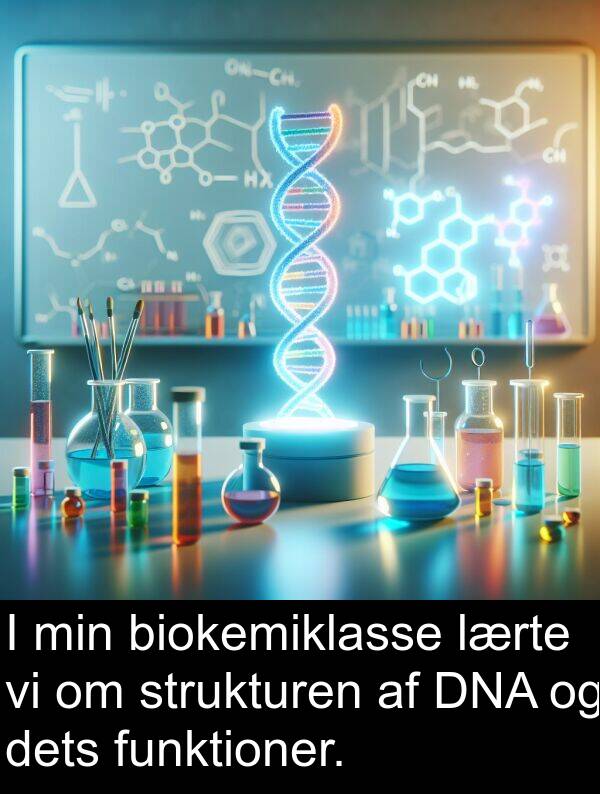 dets: I min biokemiklasse lærte vi om strukturen af DNA og dets funktioner.