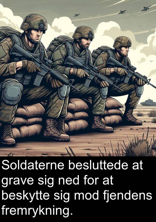 ned: Soldaterne besluttede at grave sig ned for at beskytte sig mod fjendens fremrykning.