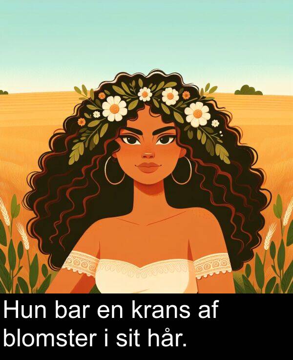 blomster: Hun bar en krans af blomster i sit hår.