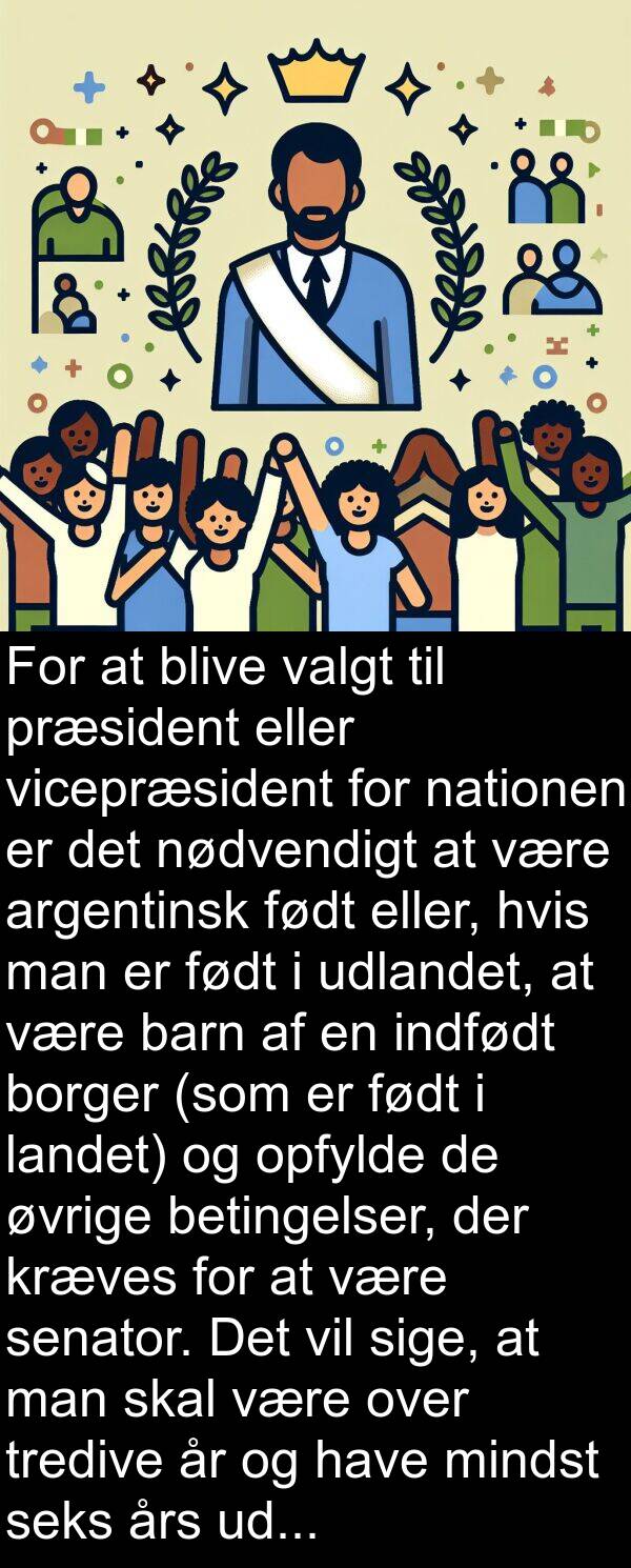 landet: For at blive valgt til præsident eller vicepræsident for nationen er det nødvendigt at være argentinsk født eller, hvis man er født i udlandet, at være barn af en indfødt borger (som er født i landet) og opfylde de øvrige betingelser, der kræves for at være senator. Det vil sige, at man skal være over tredive år og have mindst seks års udøvelse af statsborgerskab.